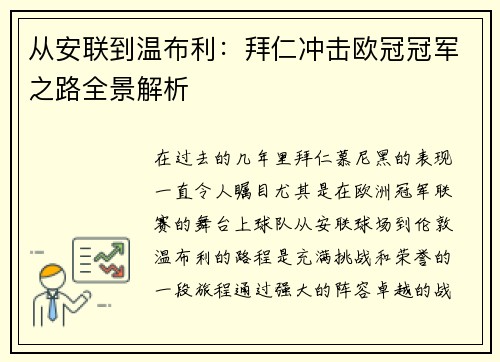 从安联到温布利：拜仁冲击欧冠冠军之路全景解析